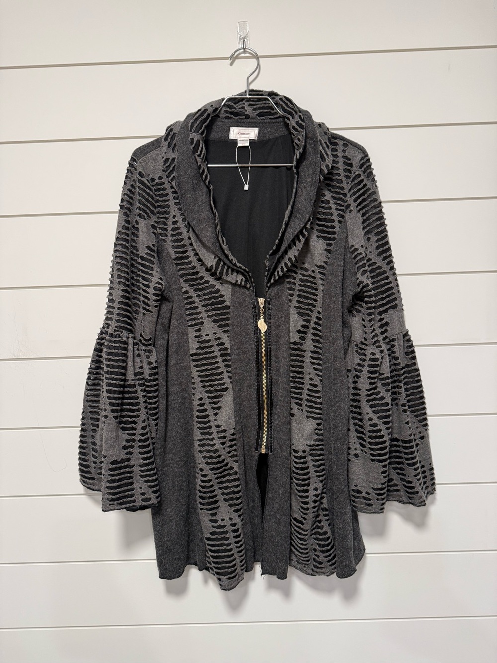 Kamana Charcoal Gray Patterned Zip-Front Cardigan XL bell sleeves